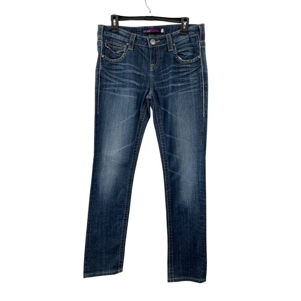 Vigoss Juniors 9 Straight Leg Jeans Blue Stretch Fold Pocket Stitch Detail
